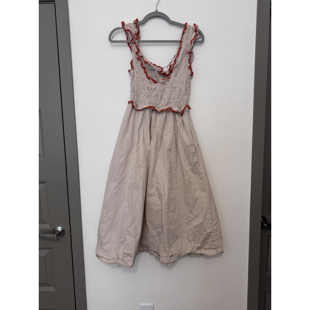 Free People Smocked Ruffle Midi Dress Beige Orange Boho Cottagecore Pockets oo - Picture 5 of 9